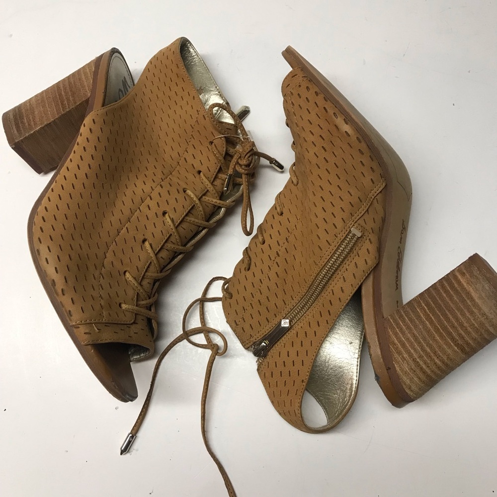 Sam Edelman Tan Perforated Lace-Up Block Heel Sandals